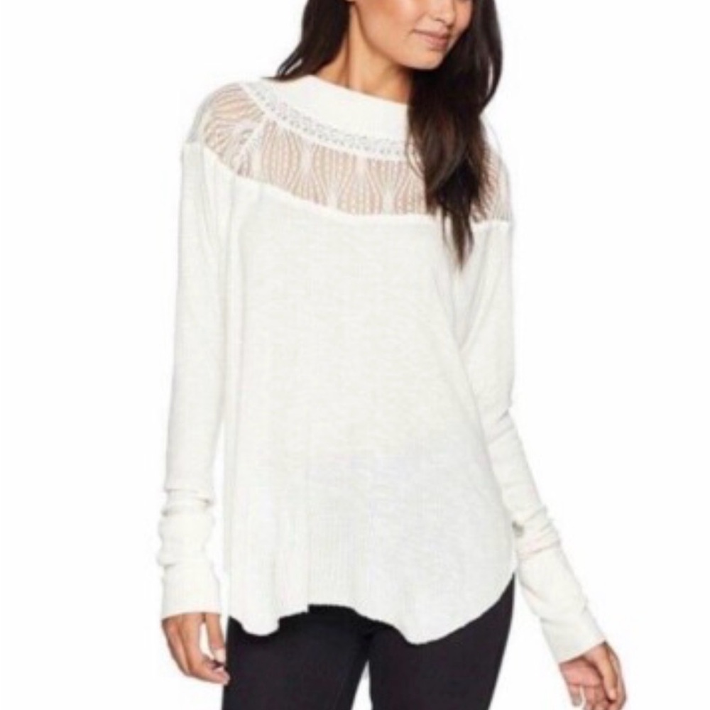 Free People Ivory Lace Yoke Waffle Knit Pullover